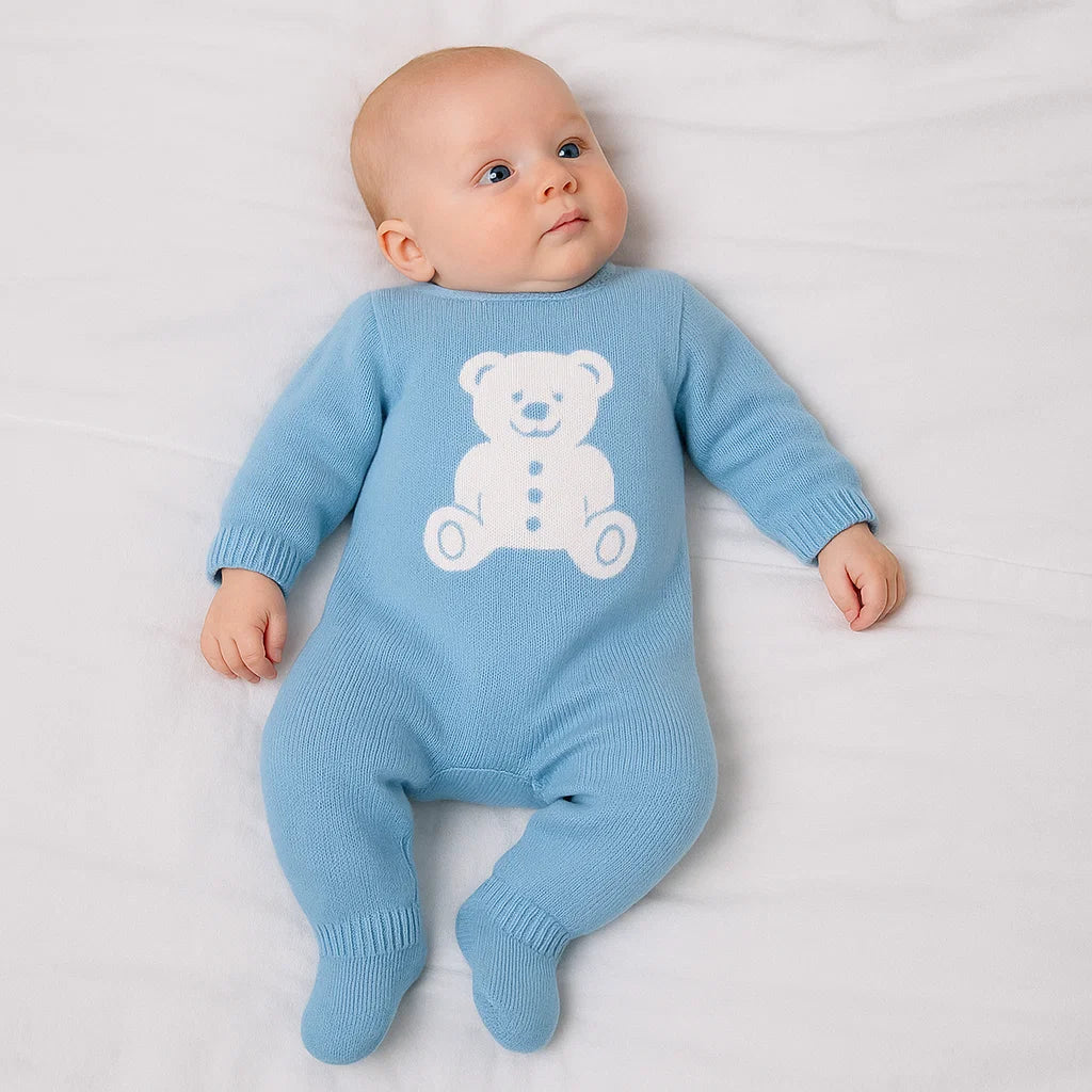 BLUE TEDDY BEAR KNITTED ONESIE