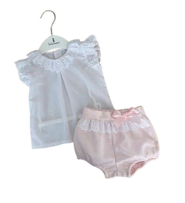 'LAIVICAR' WHITE TRIM TOP AND PINK WAFFLE SHORTS