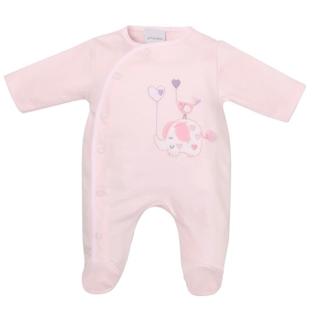 PINK "ELEPHANT & BIRD WITH BALLOON" COTTON SLEEPSUIT