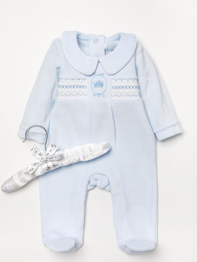 ROCK A BYE BABY - "CROWN" SMOCKED VELOUR ALL IN ONE - BLUE