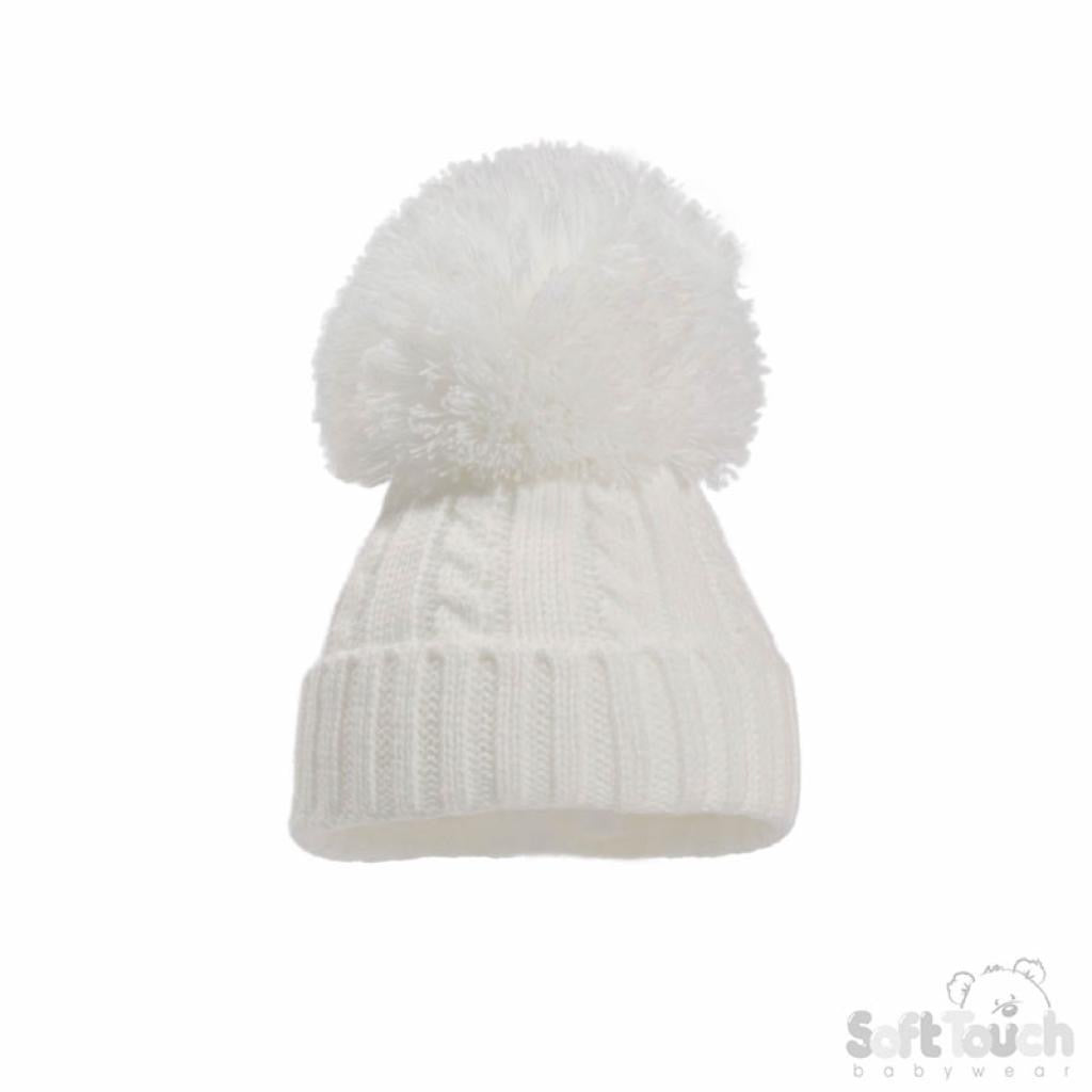 SOFT TOUCH - ELEGANCE CABLE KNIT POM POM HAT - WHITE