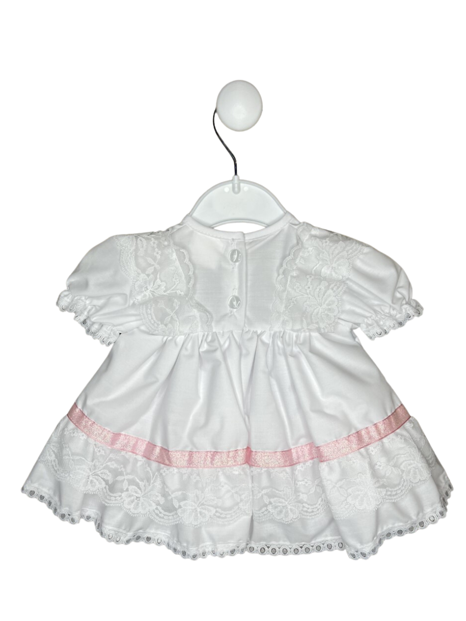 LACE RIBBON SPARKLE DRESS WITH PINK ROSEBUDS