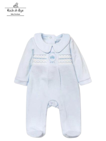 ROCK A BYE BABY - "CROWN" SMOCKED VELOUR ALL IN ONE - BLUE