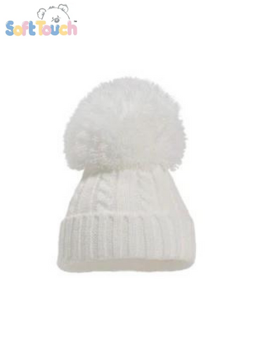 SOFT TOUCH - ELEGANCE CABLE KNIT POM POM HAT - WHITE