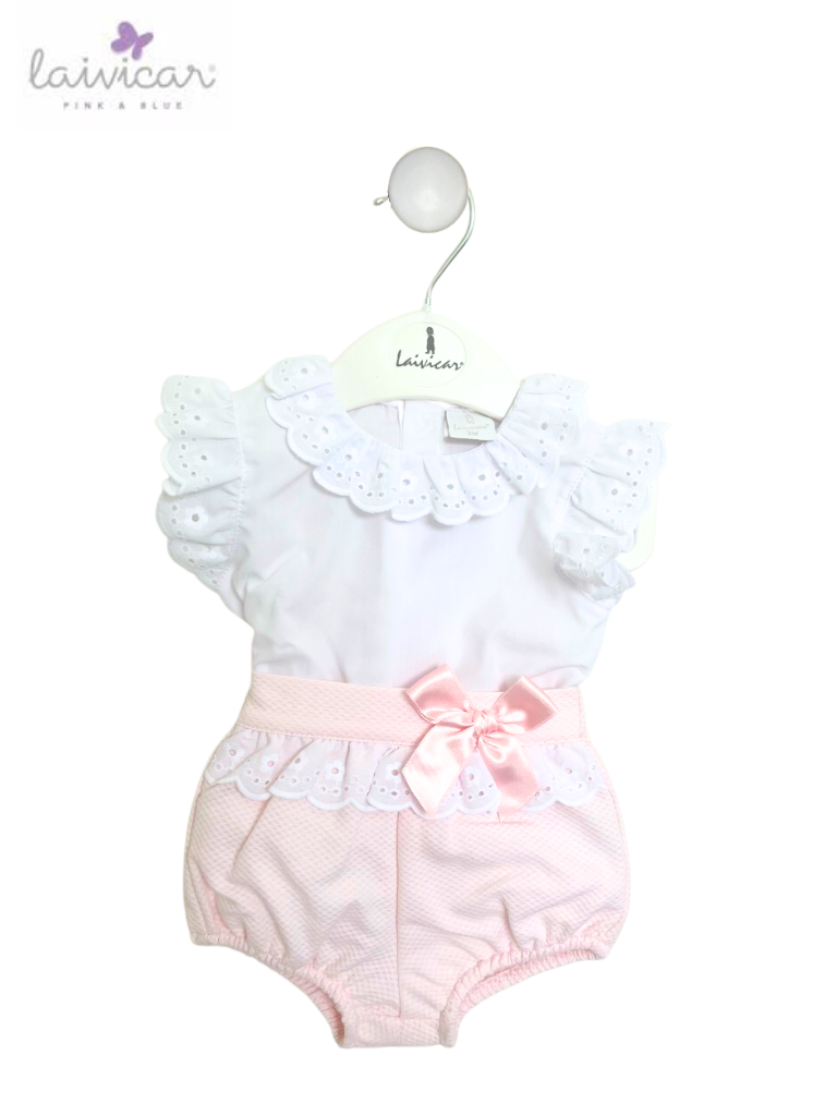 'LAIVICAR' WHITE TRIM TOP AND PINK WAFFLE SHORTS