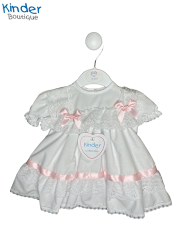 WHITE LACE DRESS WITH PINK SATIN BOWS