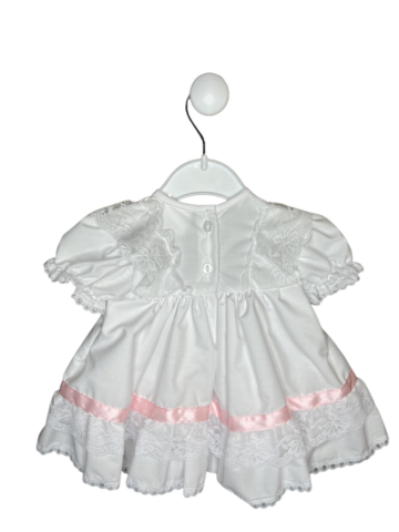 WHITE LACE DRESS WITH PINK SATIN BOWS