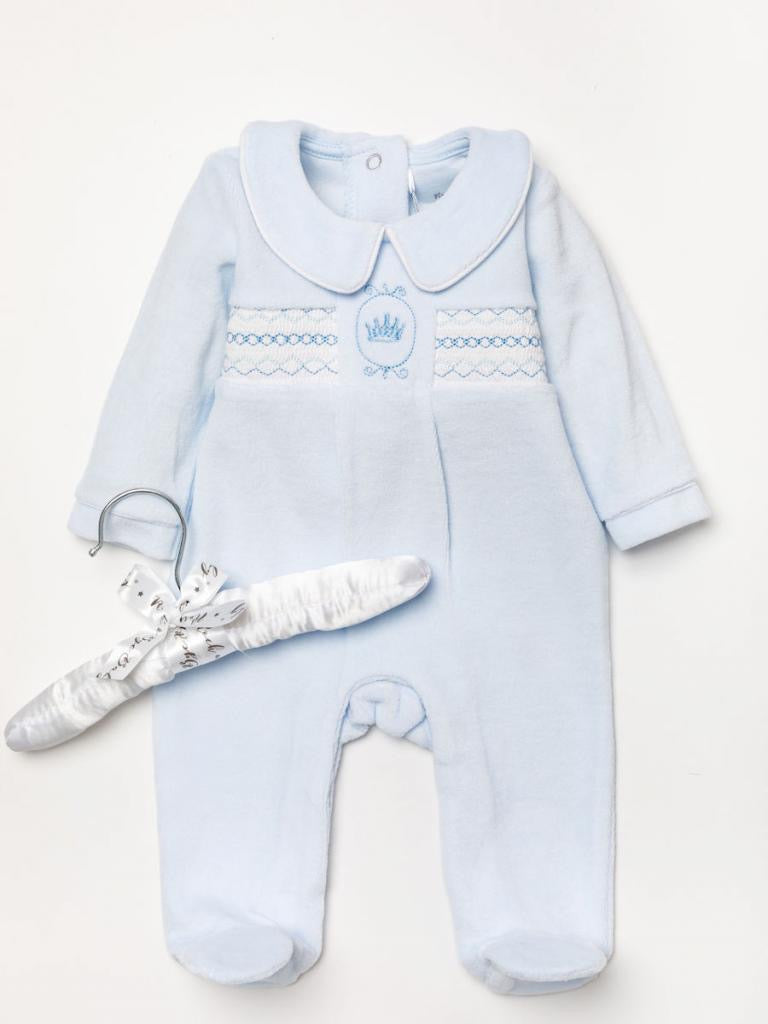 ROCK A BYE BABY - "CROWN" SMOCKED VELOUR ALL IN ONE - BLUE