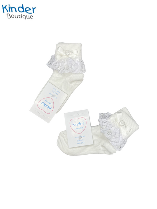 WHITE PEARL HEART RIBBON BOW SOCK