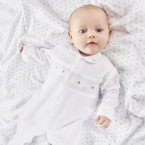 WHITE STAR VELOUR SMOCKED SLEEPSUIT