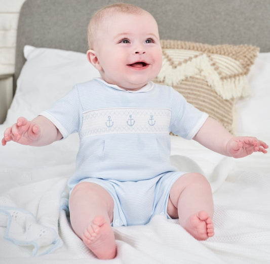 BLUE ANCHOR SMOCKED ROMPER