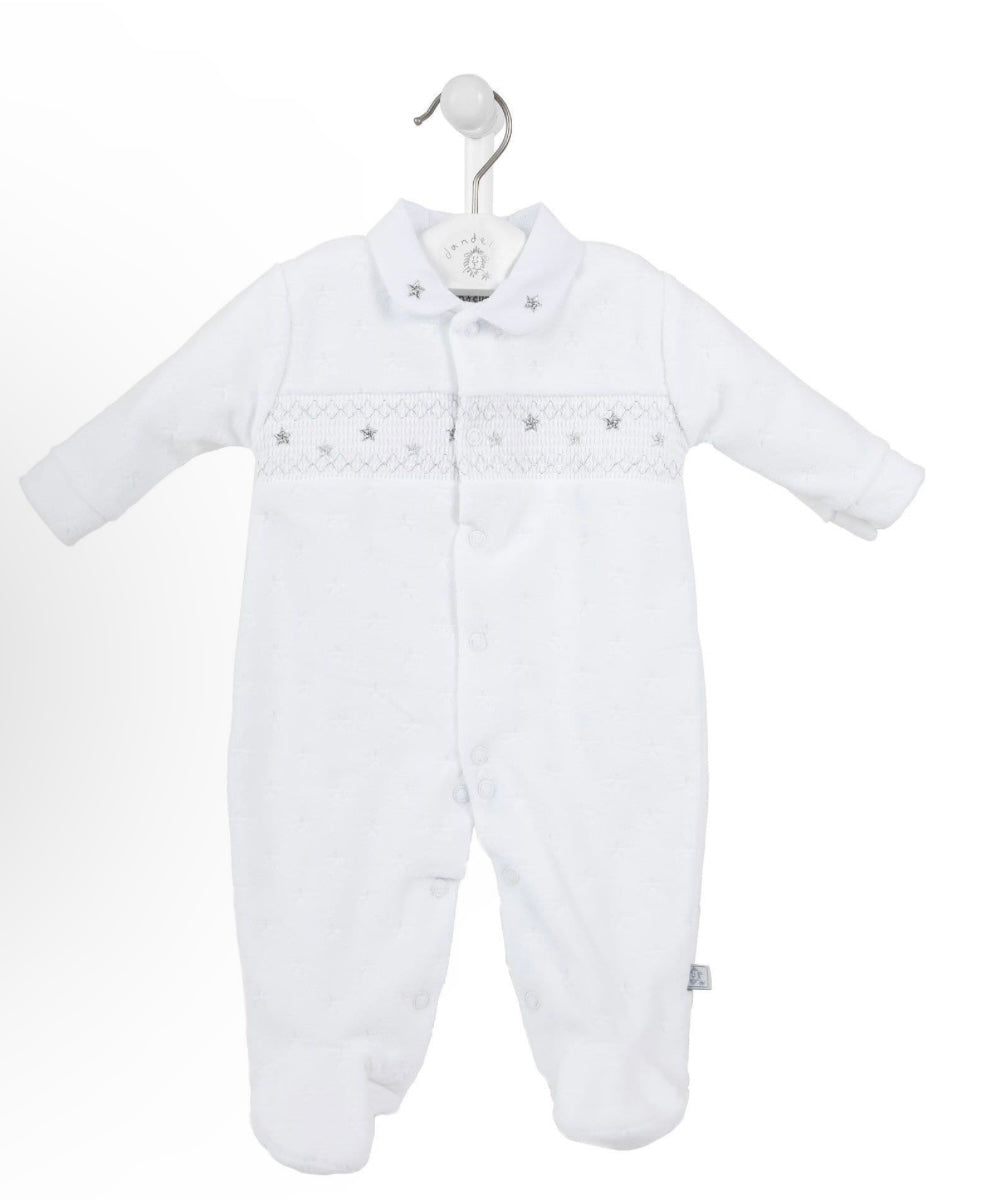 WHITE STAR VELOUR SMOCKED SLEEPSUIT